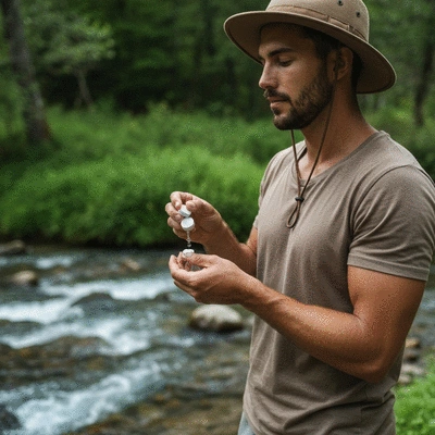 Person using water purification tablets in a natural setting