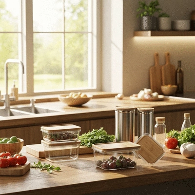 Eco-friendly food storage containers and sustainable kitchen setup