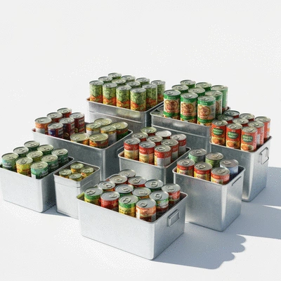 Urban survival food supply with canned goods and storage containers