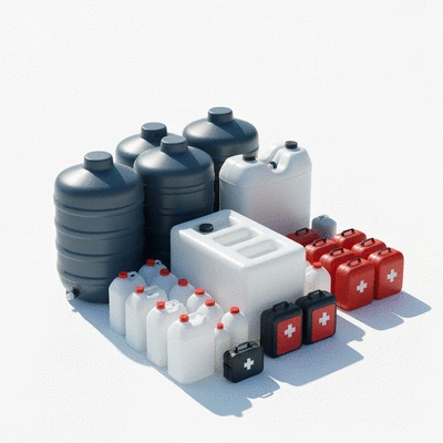 Emergency water storage containers and supplies for urban preparedness