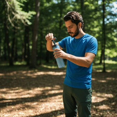 Person using portable water filter outdoors in nature