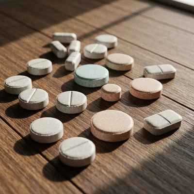 Variety of water purification tablets on a wooden table