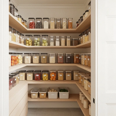 Fresh food storage with organized pantry shelves and containers