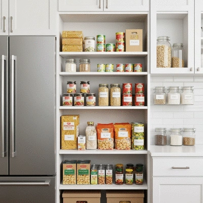 Well-organized emergency pantry shelves with various cans, grains, and dry goods, bright natural lighting, clean modern kitchen, no text, no words, no typography