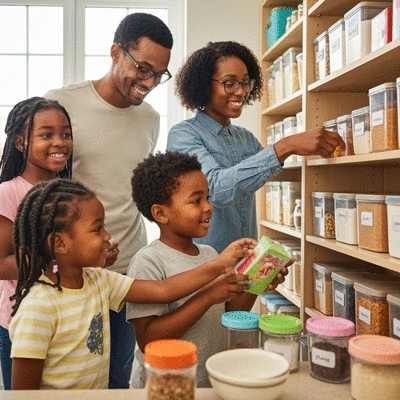Family checking pantry inventory together, organized shelves with labeled containers, bright kitchen, natural interaction, no text, no words, no typography